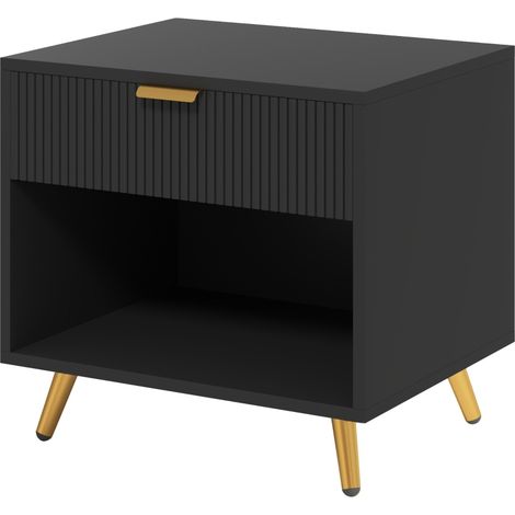 Elegant Bedside Table, with Drawer and Shelf - Black/Gold Tone
