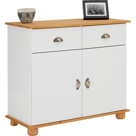 Idimex – Buffet en pin massif blanc et brun – 2 portes battantes et 2 tiroirs – Dimensions 79 x 91 x 39 cm – Style classique avec poignées vintage (1/4)