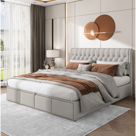 Cama dormitorio con almacenamiento tapizada lino gris OKMYHOME (1/5)