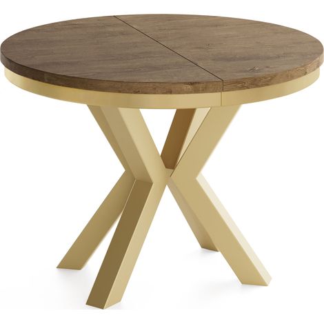 Runder Ausziehbarer Esstisch im Loft-Stil - Industrieller Tisch mit Goldenen Metallbeinen - Platzsparender Tisch für Wohnzimmer - Lefkas Eiche - 100 bis 180 cm