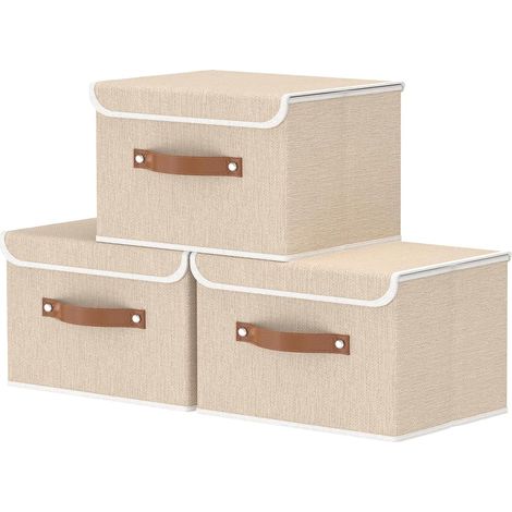 Lot de 3 Boîte de Rangement, Pliable avec Couvercle, Poignées Renforcées, Tissu et PP, pour Vêtements