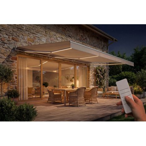 Toldo motorizado LED semicofre FAZZIO 6x3m con estructura blanca y tejido beige
