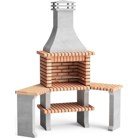 MOVELAR - Barbacoa de Obra Prefabricada de Leña y Carbón Modelo Roma 2 Side Tables Corner (Gris, Naranja - 160 x 58 x 240 cm) REF: 3800 - Cocina de Exterior para Jardín o Patio