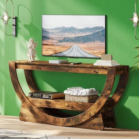 Console double niveau de 160 cm avec étagère arquée, couleur marron foncé - Mobilier de style champêtre pour salon (1/5)