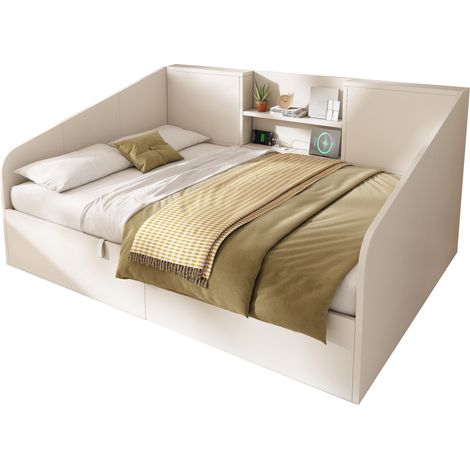 Lit de jour hydraulique 140x190 cm blanc, lit en bois avec 2 tablettes, grand espace de rangement et station de charge USB/Type C, sommier à lattes inclus, lit double compact (sans matelas)