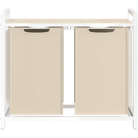 Panier à Linge 2 Compartiments, avec Étagère de Rangement, Sac Amovible, Cadre en Métal, 2 x 46 L, Beige