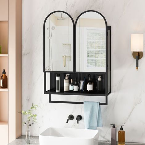 Mobile specchio da bagno sospeso in metallo nero 60 cm con 2 ante, ripiano aperto e portasalviette