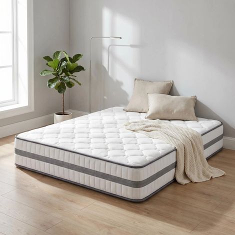 Matelas ressorts 140x190 cm – Épaisseur 26 cm – Mousse à mémoire de forme – 7 Zones de confort adaptatives – Soutien ergonomique - Bordure gris foncé (1/5)