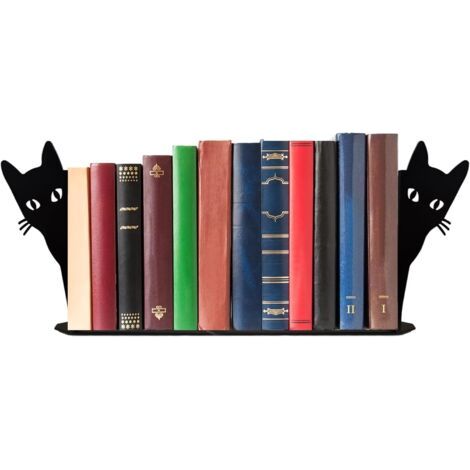 Fermalibri decorativi a forma di gatto nero, realizzati in metallo con base antiscivolo. Oggetti decorativi originali per mensole, librerie o scrivanie. Fermalibri carini ed eleganti. (1/5)