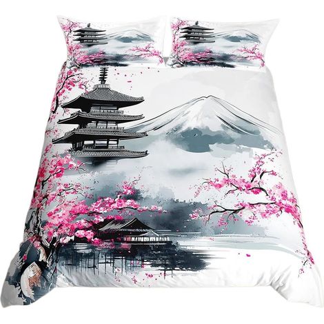Parure de lit Fleurs de cerisier, housse de couette en microfibre 200x200 cm avec fermeture éclair, 2 taies d'oreiller (1/5)