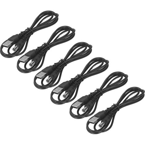 Câble d'alimentation CC 5V en 6 pièces, USB 2.0 A vers connecteur mâle-femelle 5,5x2,1mm, fiche de charge noire avec broche ronde. (1/5)
