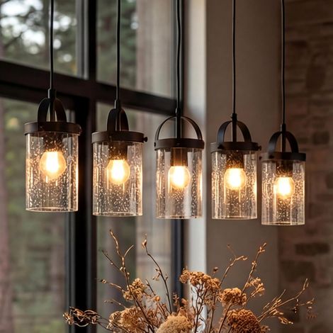 Tribesigns Suspension Luminaire 5 Lampes, Noir Lustre pour îlot de cuisine style ferme avec abat-jour en verre bullé pour salle à manger, hauteur réglable, douille E27 (1/5)