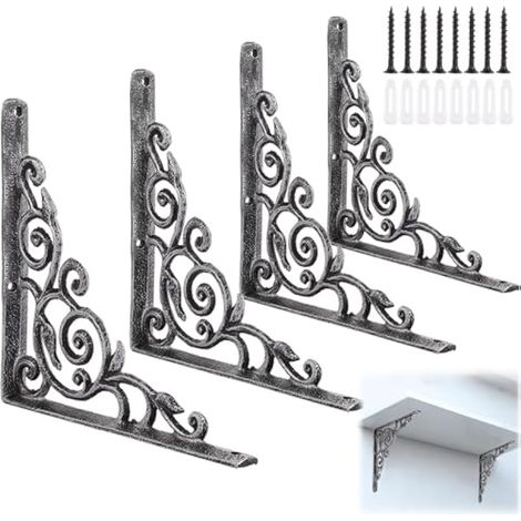 Lot de 4 supports d'étagère en fonte pour échafaudage, supports d'étagère flottants robustes, supports muraux décoratifs vintage rustiques pour étagères, 21 cm, noir (1/5)