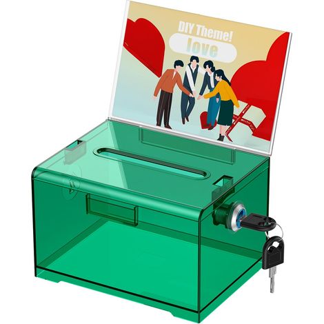 Boîte à dons en acrylique avec serrure et porte-pancarte Vert transparent avec fente en plastique Boîtes à suggestions Bocal à conseils, boîte de rangement pour espèces, vote, collecte de (1/5)