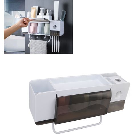 Étagère de salle de bain multifonctionnelle, fixée au mur, avec porte-serviettes, crochet, porte-brosses à dents, 3 gobelets et distributeur de dentifrice. (1/5)