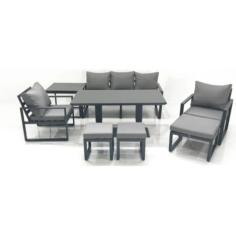 Fimous 8 Seater Aluminium Outdoor Garden Furniture Set with Adjustable Rising Lifting Dining Table 3 Seater Sofa 2 Chair 3 Footstool Side Table Dark Grey (1/5)