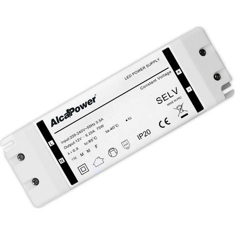 Alimentation à découpage Alcapower 24 V 75 W 3,1 A IP20, transformateur professionnel pour systèmes d'éclairage LED, compact et haute efficacité.