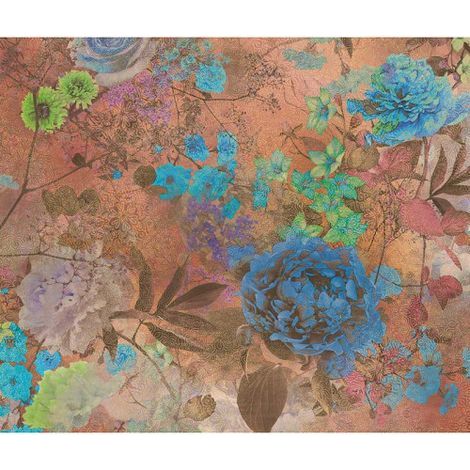 Papier peint panoramique fleuri orange & bleu Tapisserie panoramique chambre orange & bleu Papier peint panoramique motif floral couloir (1/3)