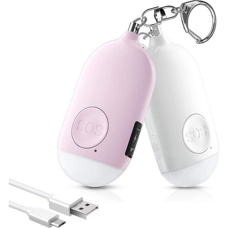 Porte-clés alarme personnelle rechargeable USB pour l'autodéfense, 130 dB, rose et blanc (1/5)