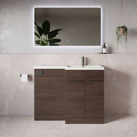 Napoli 390 Brown Oak 1100mm 2 Door Vanity Unit Toilet Suite with Square Right Hand Lucia Basin - 1100mm - Gunmetal Grey 160mm HandleWithout Kingston Toilet Pan