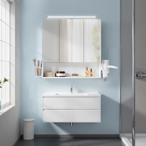 Meuble de Salle de Bain avec Éclairage LED, avec Prise, Porte Sèche-cheveux, Grand Espace, Blanc (1/5)