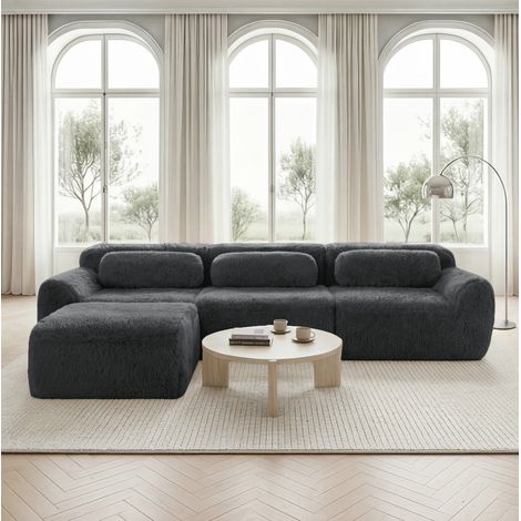 Sofá de esquina modular en L de tejido peluche gris, sin estructura, con cojines, 291 x 179 x 73 cm (1/5)