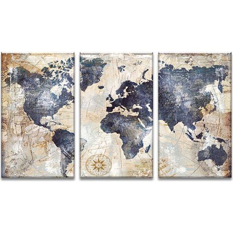 Tableau carte du monde 3 parties 30x60 cm – Impression toile intissée – Panneau bois – Décoration murale moderne (1/3)