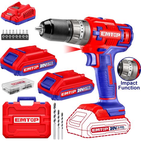 EMTOP Coffret Perceuse Visseuse à Percussion 45 Nm 20V 2 Batteries 2,0 Ah (1/5)