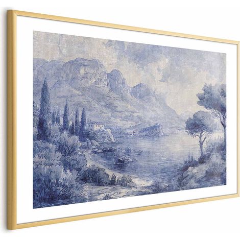 Poster – Blaue Bucht – Italienische Landschaft des Comer Sees, gemalt mit blauer Tinte (1/4)