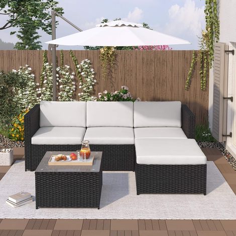 Set di mobili da giardino in rattan composto da 5 pezzi: divano angolare con cuscini per seduta e schienale, tavolino da caffè per giardino/esterno/patio/piscina/cortile (nero) (1/5)