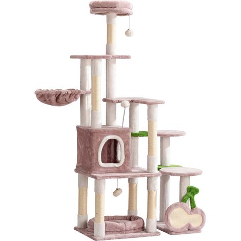 Fudajo Árbol rascador para gatos cereza de 162 cm árbol para gatos rosa con sisal, casita y tumbonas