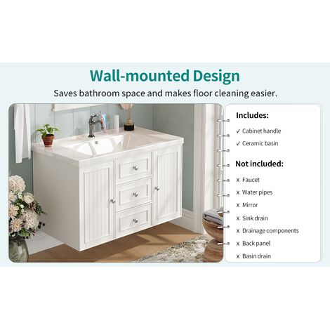 Meuble sous-lavabo suspendu pour salle de bains avec 3 tiroirs, grand espace de rangement, blanc, 78.5×46×46.8cm (1/5)