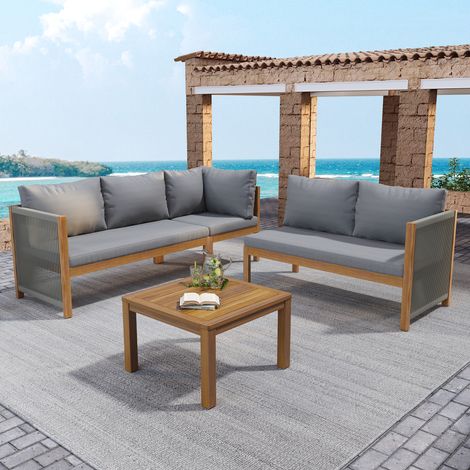 Salon de jardin angle modulable canapé d’angle table basse cadre acacia plateau acacia tressé main extérieur confortable gris (1/5)