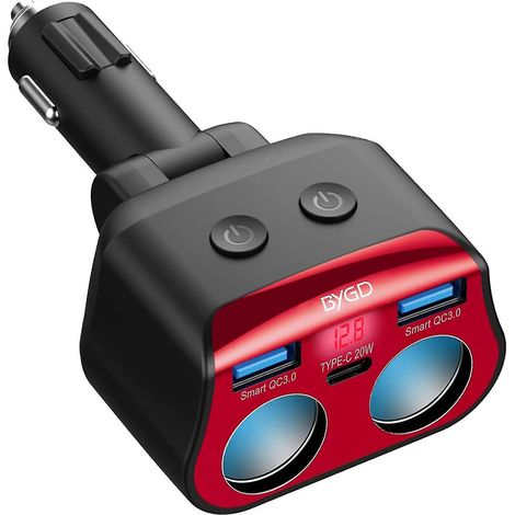 12V/24V Zigarettenanzünderadapter mit zwei Steckdosen, Typ-C-Anschluss + 2 x 20W QC 3.0-Anschlüsse und USB-Zigarettenanzünder mit LED-Voltmeter