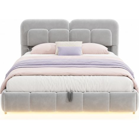 Lit capitonné 140 x 200 cm en velours gris avec tête de lit rembourrée, coffre hydraulique caché, bande LED multicolore et structure stable - CHICFURN (1/5)