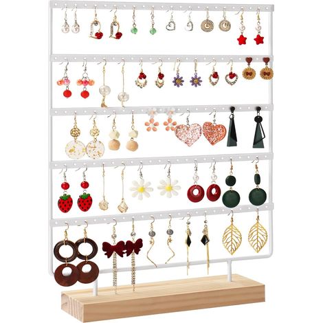 Organisateur de boucles d'oreilles à 5 niveaux avec 120 trous, idéal pour ranger et présenter des boucles d'oreilles de styles, modèles et tailles variés, avec un socle en bois amovible