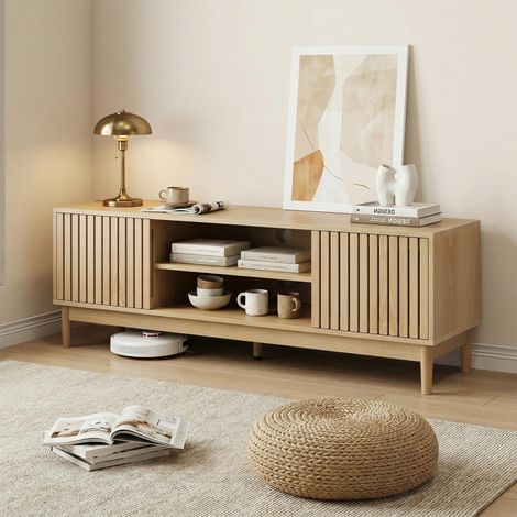 Meuble TV 140 cm, avec deux portes d'armoire, 2 cloisons ouvertes, poignées en bois massif, design de planche à vaguesen bois, adapté au salon et à la chambre,Couleur bois
