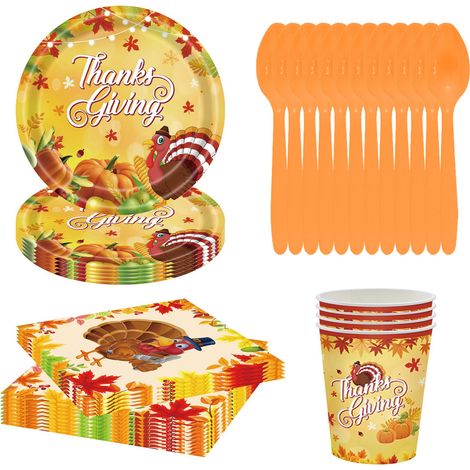 Assiettes jetables pour Thanksgiving, comprenant serviettes, couverts, pailles et banderoles « Jour de la Dinde ». (1/4)