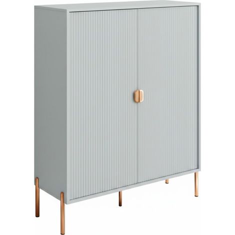 Credenza Mobile Contenitore 2 Ante Cannettate E Piedini Oro Madia Moderna con Ripiani Interni E Chiusura Soft Close Per Soggiorno Salotto E Ingresso 103.6 x 124 x 39.6 Cm Grigio