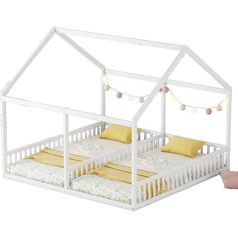Lit cabane en bois de pin 2x90x200cm - avec toit et sommier à lattes - Blanc (1/5)