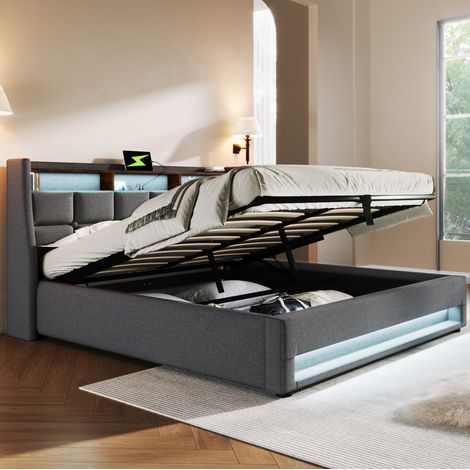 Cama doble tapizada con USB LED y almacenaje gris OKMYHOME (1/5)