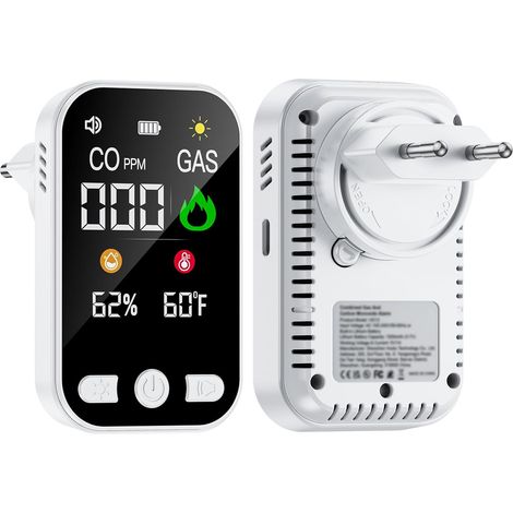 4 in 1 Plug in Détecteur Monoxyde de Carbone,Alarme de CO Portatif,Detecteur de Gaz avec Batterie 1000mah Rechargeable Intégrée & HD L'écran[CO Temp Humidité]- Norme en 50291-Blanc