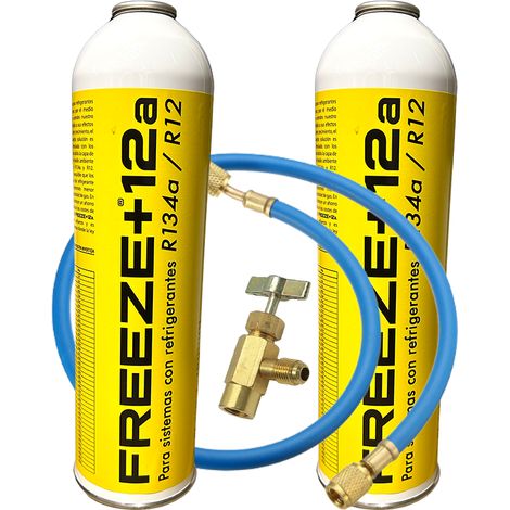 Pack 2 Envases FREEZE +12A 420g  Sustituto Orgánico R134a R12  Kit con Manguera y Válvula  Gas Ecológico Eficiente