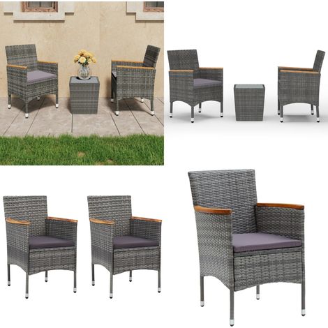 Set Bistrot Giardino 3 pz Polyrattan e Vetro Temperato Grigio - Tavolo da giardino - Sedie da giardino