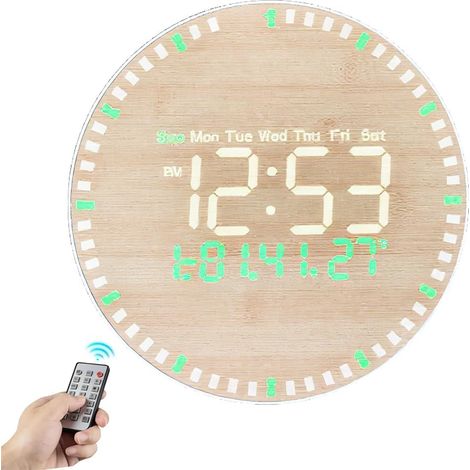 Grande orologio da parete digitale a LED da 10 pollici, in legno, con telecomando e supporto da tavolo, orologi da parete con ora, data, temperatura, umidità, luminosità automatica, sveglia 24 ore su 