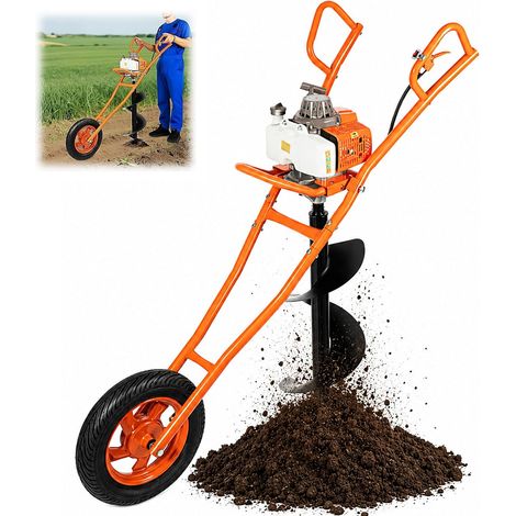 Tariere Thermique 63 cm³ 2,2 KW Tarière à Essence avec 300mm Mèches, Roues 2 Temps Moteur Brouette Tarières Perceuse de Jardin pour Chantiers de Construction, Sylviculture (1/5)