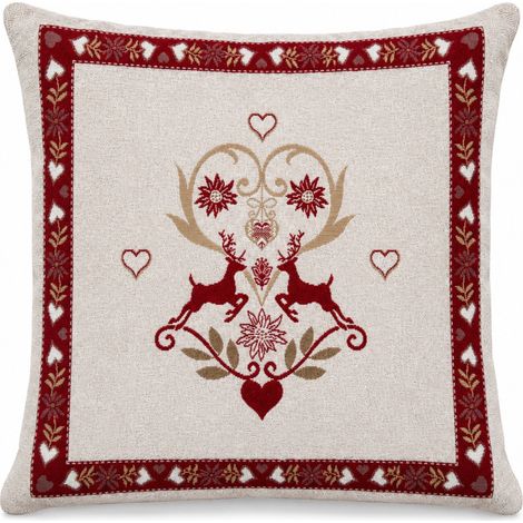 Federa Cuscino Arredo Tirolese 40x40 Cervi e Cuori Ecrù Bordeaux Made in Italy