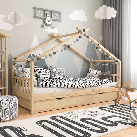 Cama en forma de casa Design, Marrón, 90x200 cm con 2 cajones, Vitalispa