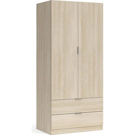 Guardaroba 2 ante Appadu, Armadio per camera da letto 2 cassetti, Mobile con barra appendiabiti, 81x52h180 cm, Quercia