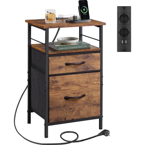 Table de chevet multifonctionnelle avec recharge, 2 ports USB + 2 prises électriques, trois niveaux de rangement, adaptée à la chambre, au salon et au bureau, couleur marron rétro (1/5)